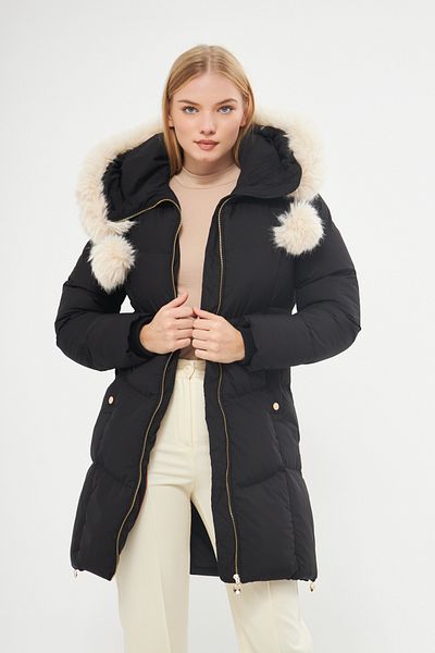 DYNAMO Women's Black Hooded Fur Lined Thick Coat 5304
