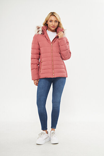 DYNAMO Women's Rose Hood and Fur in the Hood Removable Fur Lined Comfortable Fit Thick Coat 5301