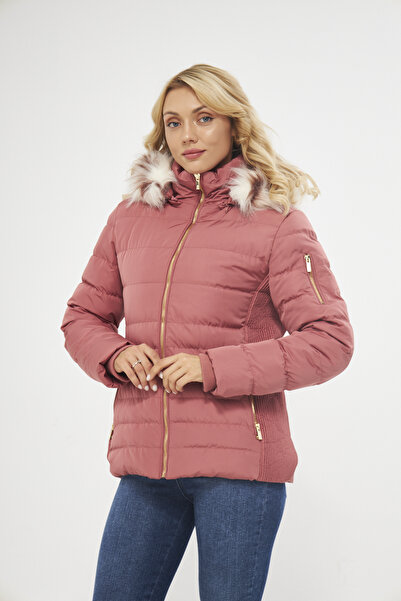 DYNAMO Women's Rose Hood and Fur in the Hood Removable Fur Lined Comfortable Fit Thick Coat 5301