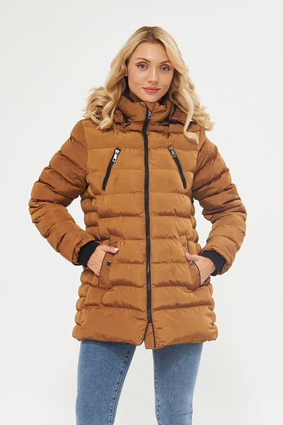 DYNAMO Women's Camel Hood Removable Comfortable Fit Thick Short Coat 5010