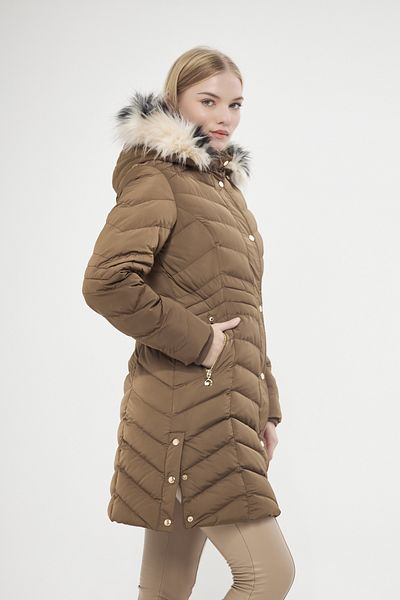 DYNAMO Women's Light Brown Hood Detachable Fur Lined Thick Coat 5302