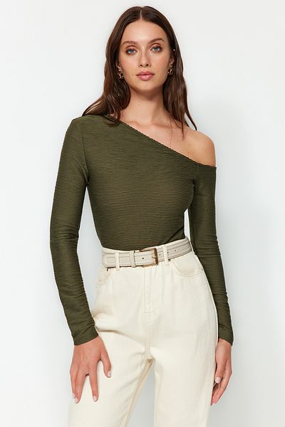 Trendyol Collection Khaki Jacquard Fitted/Body-Sitting Asymmetric Collar Knitted Body TWOAW24BD00055
