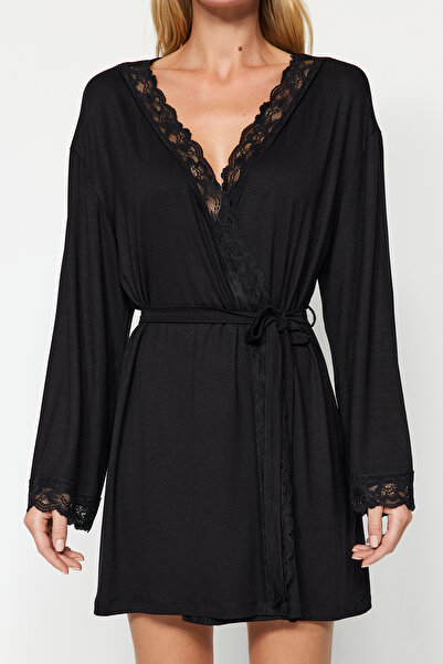Trendyol Collection Black Belted Lace Viscose Knitted Dressing Gown Thmss22Sb0006