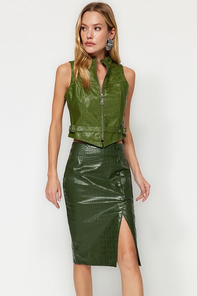 Trendyol Collection KHaki műkígyóbőr hasított midi szoknya – limitált kiadás, TWOAW23ET00260