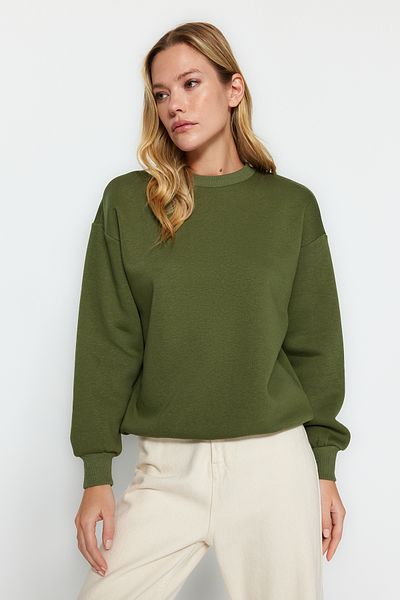 Trendyol Collection Khaki Dickes Fleece-Innenfutter Normale/Regular-Passform Rundhals Basic Strick-Sweatshirt TWOAW24SW00101