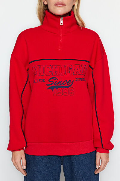 Trendyol Collection Piros cipzáras nyomtatott túlméretes vastag polár belső kötött pulóver TWOAW24SW00184