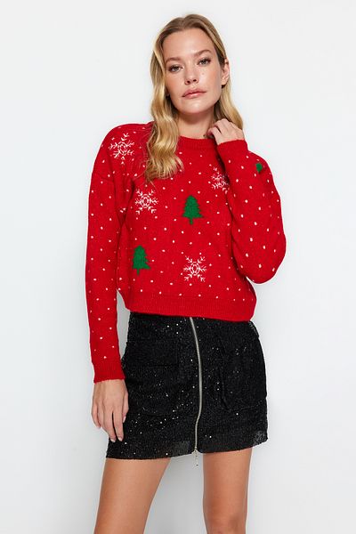 Trendyol Collection Roter Strickpullover mit Rundhalsausschnitt und Weihnachtsmotiv TWOAW24KZ01188