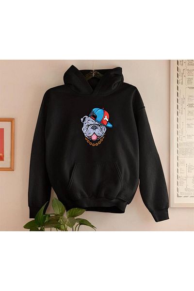 Gofeel Day Light Capped Dog Black Hooded Oversize Sweatshirt Hoodie