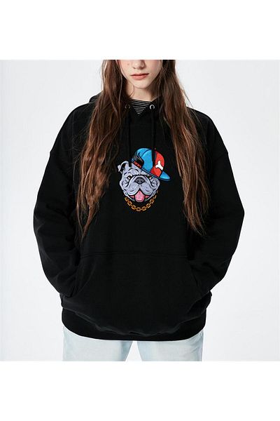 Gofeel Day Light Capped Dog Black Hooded Oversize Sweatshirt Hoodie