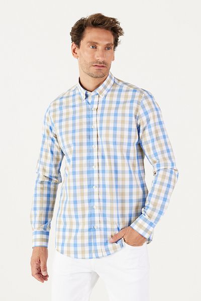 AC&Co / Altınyıldız Classics Férfi bézs-kék karcsú szabású Slim Fit gombos galléros pamut kockás ing