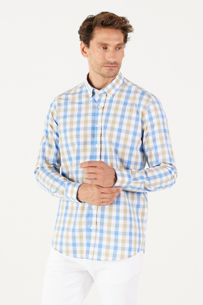 AC&Co / Altınyıldız Classics Férfi bézs-kék karcsú szabású Slim Fit gombos galléros pamut kockás ing