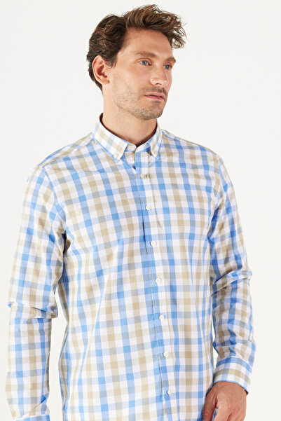 AC&Co / Altınyıldız Classics Férfi bézs-kék karcsú szabású Slim Fit gombos galléros pamut kockás ing