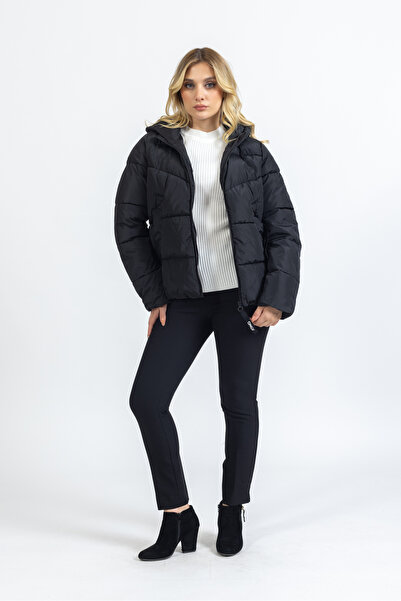 ONLY monica Short Puffer Γυναικείο Πουφερ Μαύρο Παλτό 15205638 - Αποσπώμενη Γούνα - 15160168