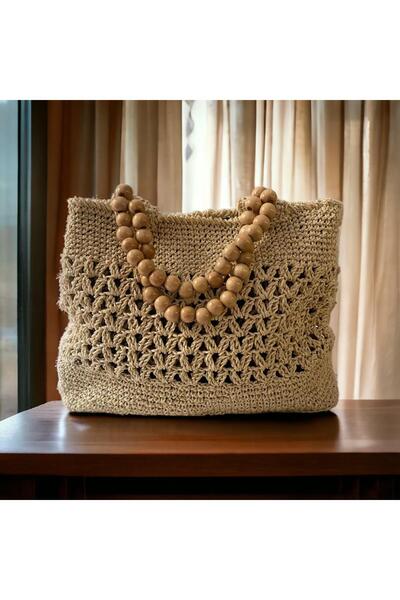 crafttatelier BEJ RENK AHŞAP BONCUK ASKILI OMUZ ÇANTASI