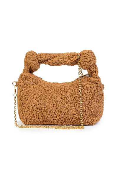 NOTHING Women's Furry Plush Knot Detailed Handled Chain Strap Mini Hand Shoulder Baguette Bag