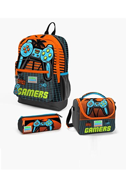Coral High Kids Gray Orange Gamer Patterned 3-Piece School Bag Set