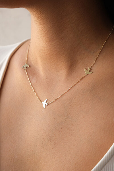 LİLAK KUYUMCULUK 14 Ayar Altın Üçlü Plaka Kuş Kolye