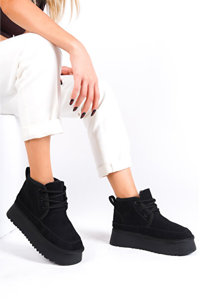 Shoesers Kadın  Bağcıklı Kalın Tabanlı İçi Kürklü Süet Mini Bot