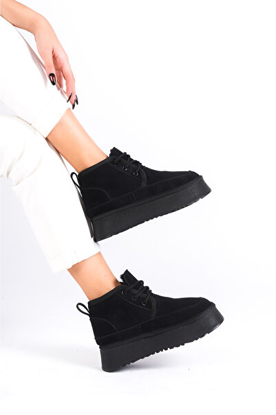 Shoesers Kadın  Bağcıklı Kalın Tabanlı İçi Kürklü Süet Mini Bot