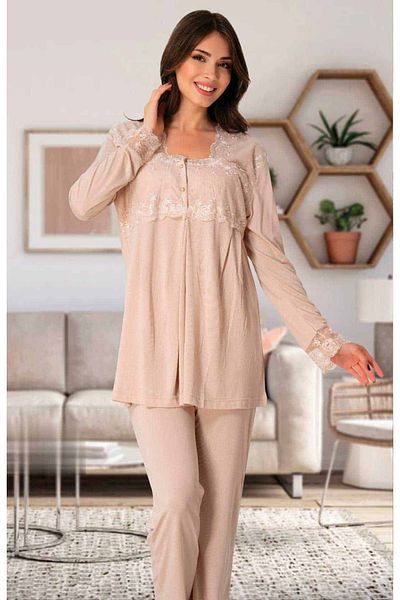 BLACKMORE Women's Beige Lace Long Sleeve Maternity Pajama Set