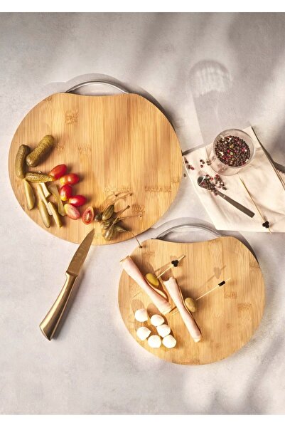 Çavdar Group Set of 2 Pine Bamboo Antibacterial Cutting Boards Cutting Board with Metal Handle 2 Pieces Bread Board