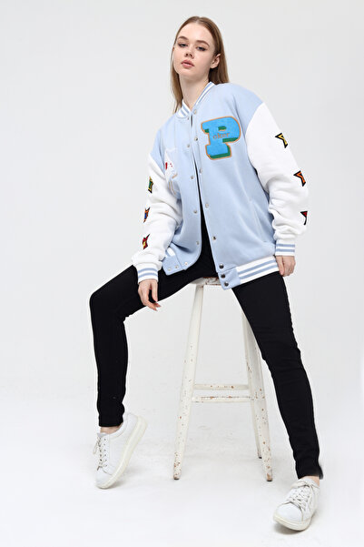 NEWLAKER Унісекс оверсайз синій піджак для коледжу з покерним бомбардувальником