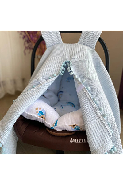 eyma home Mavi pike ponponlu puset örtüsü ve minderi