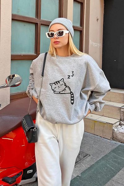 Surprise tekstil Unisex γκρι φούτερ - Surprise Cat Printed