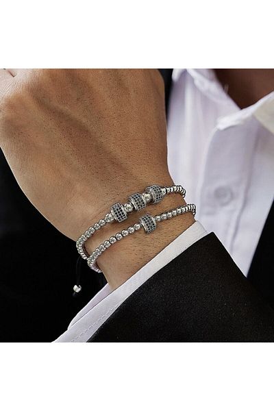 Zuk Collection Hematite Stone Double Set Natural Stone Men's Bracelet