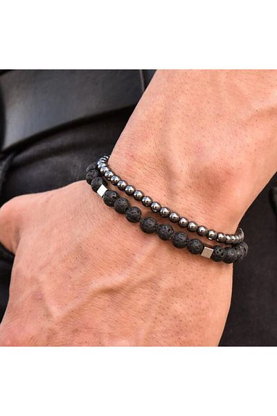 Zuk Collection Lava and Hematite Stone Double Set Natural Stone Bracelet
