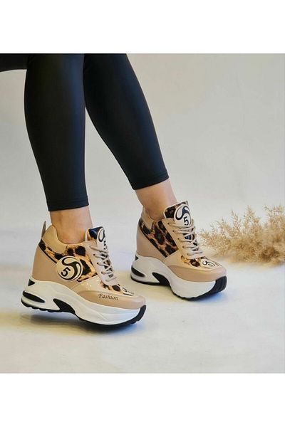 nuaA Hidden Heel 10 cm High Sole Leopard Patterned Women's Sports Shoes Fashion 5 Cream
