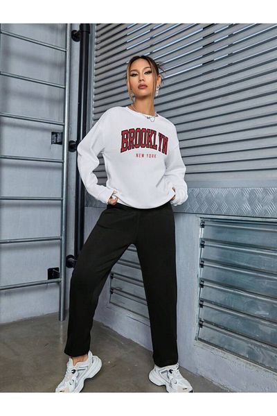 CLAYES Brooklyn New York Summer Tracksuit Set White Sweatshirt Black Jogger - Printed Oversize Crew Neck