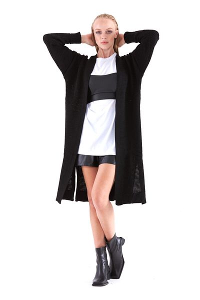THIMOON Black Long Non-Closure Knit Cardigan Comfortable and Stylish Design