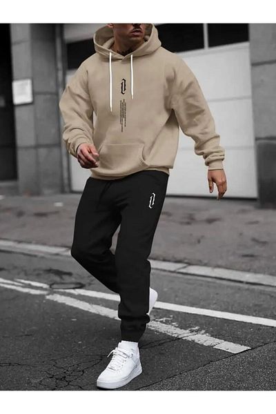 Baycombine35 Men's Cream Vertical Printed Bottom-Top Tracksuit Set