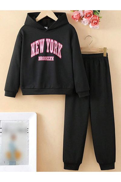 AFROGİYİM Γυναικείο σετ φόρμας με στάμπα New York Oversize με κουκούλα