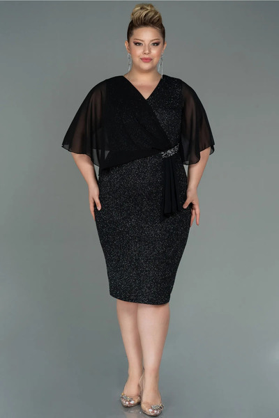 Abiyefon Black-Silver Short Sleeve Glitter Midi Plus Size Evening Dress Abk1610