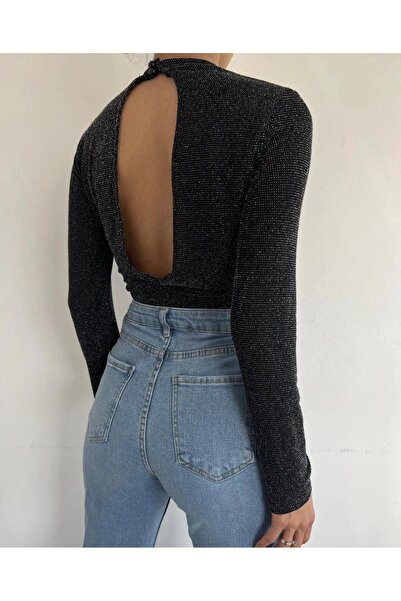 SB COLLECTIONN Černá bavlněná pružná blůza se třpytivým střihem bez zad