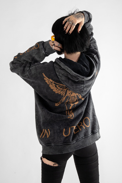 Bak Moda Unisex oversize kouřová mikina s kapucí Nirvana se zadním potiskem