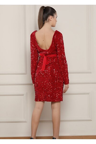 Hepsibitarz Kadın Kırmızı Kadife Payetli Abiye Elbise