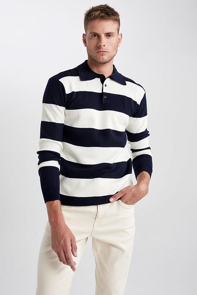 DeFacto Standard Fit Regular Cut Striped Polo Collar Knitwear Sweater Y4194Az23Wn