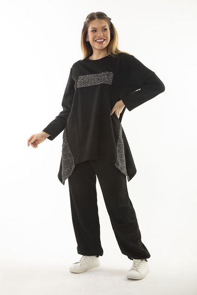 Şans Women's Large Size Black Glitter Detailed Sweatshirt Trousers Double Suit 65N37054