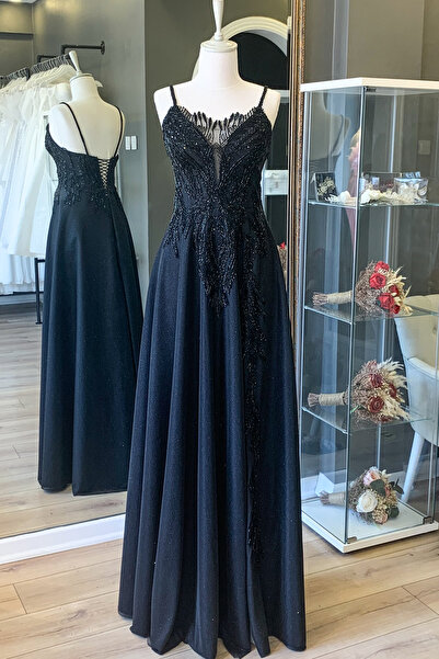 Lenta Moda Siyah Simli Dantel Kaplamalı Maxi Boy Abiye ve Nikah Elbise
