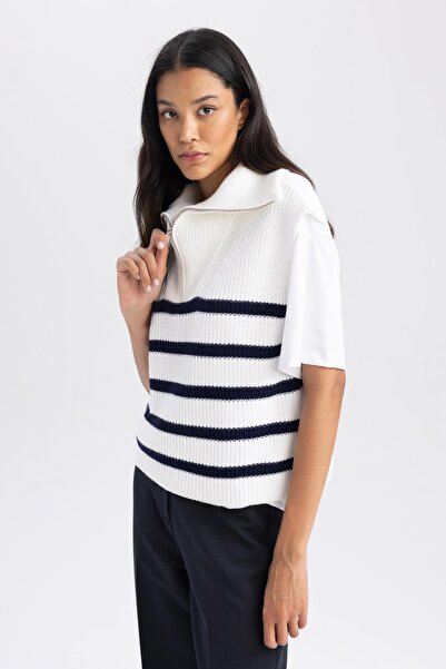 DeFacto Relax Fit Смугастий светр на блискавці з високим коміром A9182ax23wn