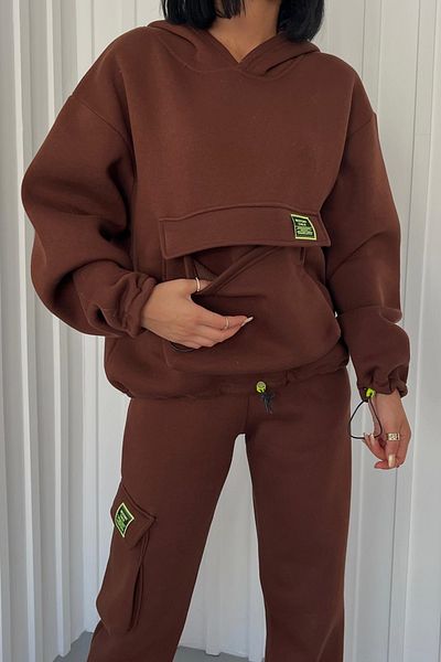 lovebox Thick Three Thread Fabric Long Sleeve Brown Tracksuit with Kangaroo Pocket and Side Cargo Pocket Detail 350