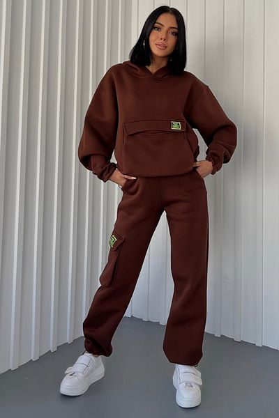 lovebox Thick Three Thread Fabric Long Sleeve Brown Tracksuit with Kangaroo Pocket and Side Cargo Pocket Detail 350