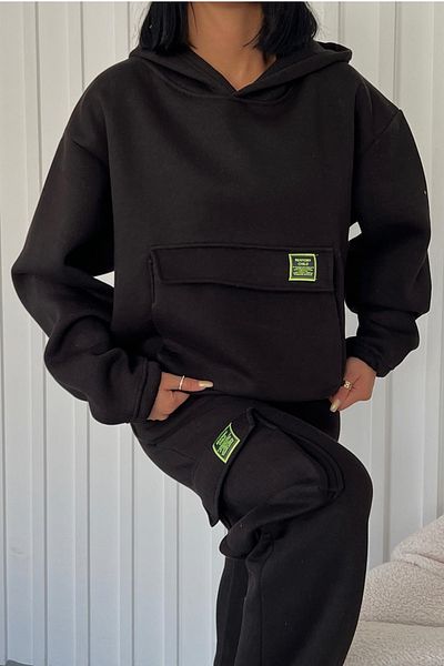 lovebox Thick Three Thread Fabric Long Sleeve Black Tracksuit with Kangaroo Pocket and Side Cargo Pocket Detail 350