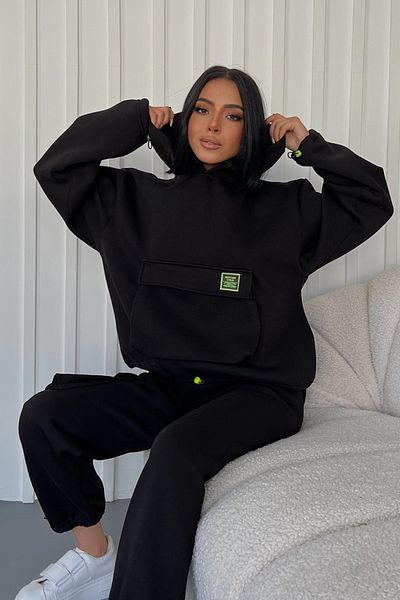 lovebox Thick Three Thread Fabric Long Sleeve Black Tracksuit with Kangaroo Pocket and Side Cargo Pocket Detail 350