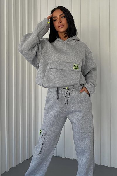 lovebox Thick Three Thread Fabric Long Sleeve Gray Tracksuit with Kangaroo Pocket and Side Cargo Pocket Detail 350