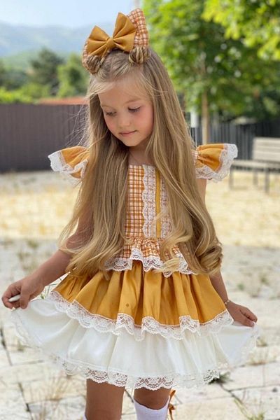 Riccotarz Girl's Plaid Pattern Mustard Dress with Guipure Embroidery on Shoulders and Sleeve Ends