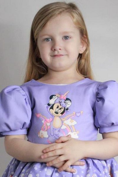 Riccotarz Girl's Balloon Sleeve Minnie Mouse Printed Hem Guipure Embroidered Lilac Dress